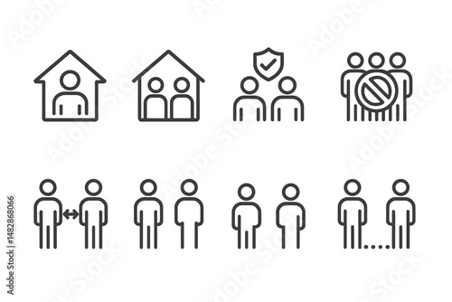 Collection of simplistic icons depicting social distancing, household settings, and community interaction during health awareness initiatives