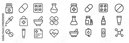 Medical icons illustrating various pharmaceutical products and healthcare tools used in medicine and treatment