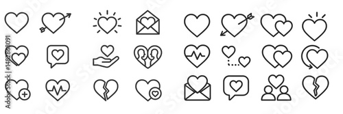 Collection of heart-themed icons representing love, affection, and relationships in a modern design