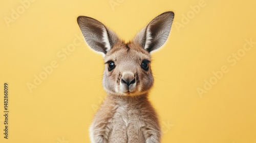 
Lindo retrato de cuerpo entero de un canguro bebé sobre un fondo amarillo claro para la educación sobre la vida silvestre y la protección de los animales.