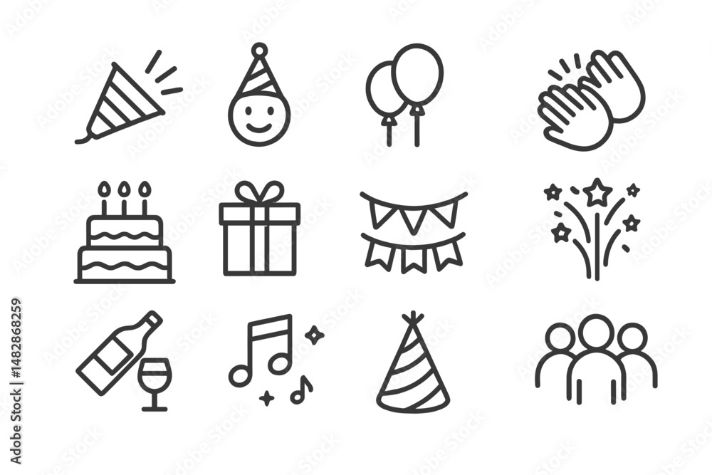 Fototapeta premium Celebration symbols including balloons, cake, and party hats for a festive event