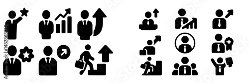 Icons representing business growth and success in a corporate environment with figures showing various activities and achievements