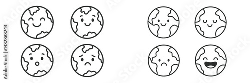 Different emotions represented by cartoon Earths in playful illustrations showcasing global feelings