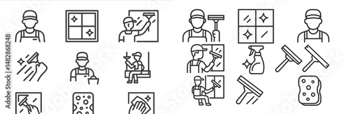 Window cleaning icons representing various tasks and tools used for maintenance in a bright setting