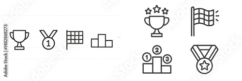 Various icons representing achievement, competition, and sportsmanship in a minimalistic design