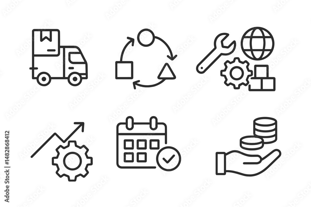 Fototapeta premium Delivery and logistics icons representing key business processes and operations in an organized system
