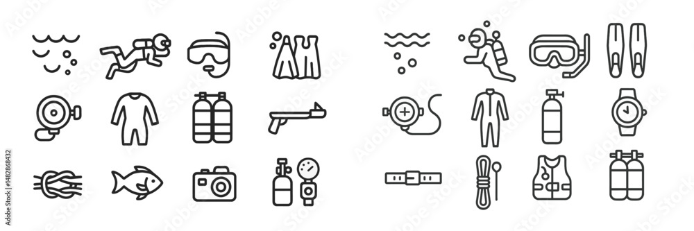 Diving equipment and activities illustrated in vector style for underwater exploration and adventure enthusiasts Diving equipment and activities illustrated in vector style for underwater exploration and adventure enthusiasts