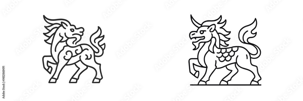 Two stylized mythical creatures with flowing manes showing dynamic poses in a minimalist design Two stylized mythical creatures with flowing manes showing dynamic poses in a minimalist design