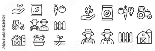 Illustrations depict farming activities, fresh produce, and agricultural tools in a detailed graphic collection