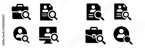 Job search and application process icons depicting resumes, interviews, and online work settings