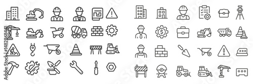 Collection of construction and engineering icons illustrating diverse tools, equipment, and workers in urban development activities
