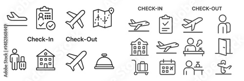Travel icons depicting airport check-in and check-out processes with illustrations of planes, luggage, and hotel services