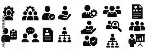 Collection of black icons depicting teamwork, management, and professionalism in various workplace activities and scenarios