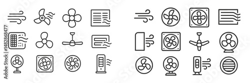 Various fan designs and symbols illustrating airflow arranged in a grid layout
