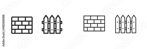 Different styles of fences and walls depicted in a minimalist design for construction and gardening projects