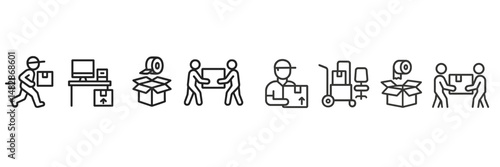 Delivery and packaging processes illustrated with icons representing each step in a shipping workflow