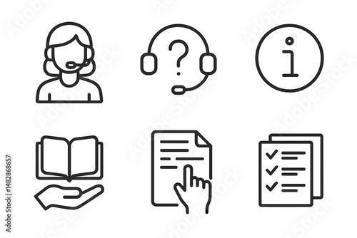 Customer support icons representing assistance, information, and resources in a simplified design suitable for digital platforms