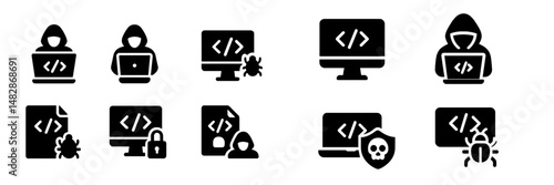 Various black icons representing cybersecurity, coding activities, and online threats depicted in a minimalist style