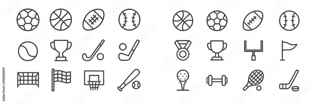 Collection of sports icons representing various athletic activities and equipment in a minimalist design style Collection of sports icons representing various athletic activities and equipment in a minimalist design style