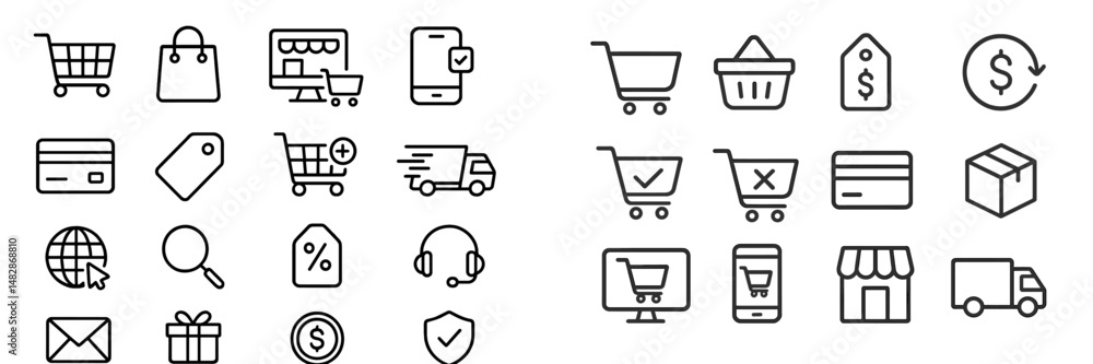 Collection of simple line icons representing e-commerce features and shopping activities in a digital marketplace Collection of simple line icons representing e-commerce features and shopping activities in a digital marketplace