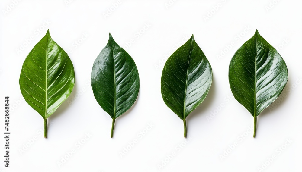 Four Varieties of Fresh Green Leaves on White Background Four Varieties of Fresh Green Leaves on White Background