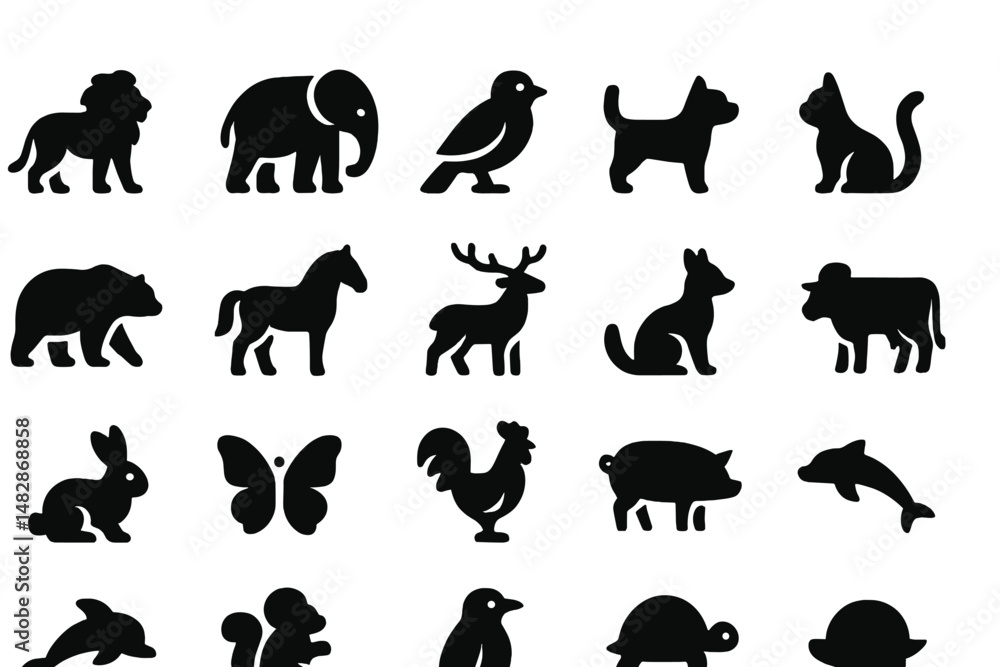 Obraz premium Black silhouettes of various animals arranged in a grid showing diversity in wildlife and pets on a plain background