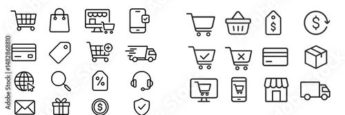 Collection of simple line icons representing e-commerce features and shopping activities in a digital marketplace