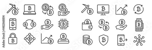 Detailed icons representing various aspects of cryptocurrency and blockchain technology, including mining, transactions, and security measures