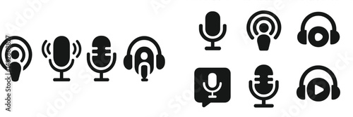 Various microphone and audio icons representing podcasting and recording activities in a minimalist design