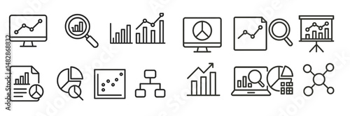 Icons representing data analysis and visualization tools used for business reporting and decision-making processes