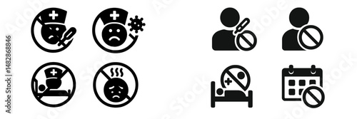 Various health and safety symbols related to sickness and precautions displayed in a clinical setting