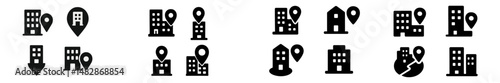 Icons representing various building types and location markers designed for urban planning concepts and real estate applications