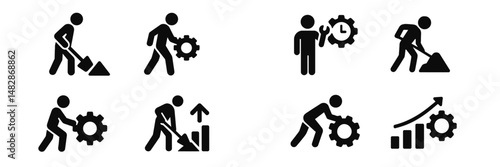 Construction workers engaged in various tasks related to machinery and progress tracking at a worksite during the day