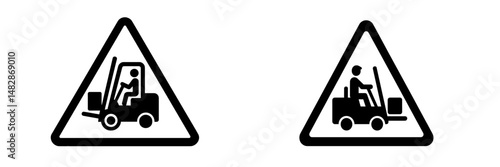 Safety signs indicating forklift operation in a construction site environment