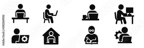Various activities of people working on computers in different settings during a typical workday