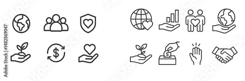 Icons representing global charity, community support, and sustainable development across various initiatives