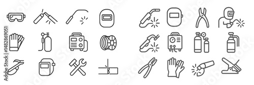 Welding equipment icons illustrating various tools and safety gear used in fabrication during industrial activities