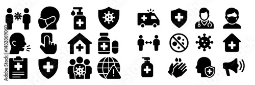 Health and safety icons representing prevention measures and medical care during a pandemic