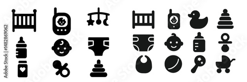 Collection of essential baby items featuring cribs, toys, and feeding accessories for new parents