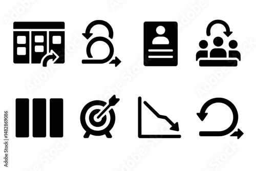 Collection of simple black icons representing various fundamental concepts in business collaboration and planning processes