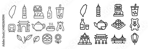 Illustrations of various cultural symbols and food items from Asia displayed in a grid format