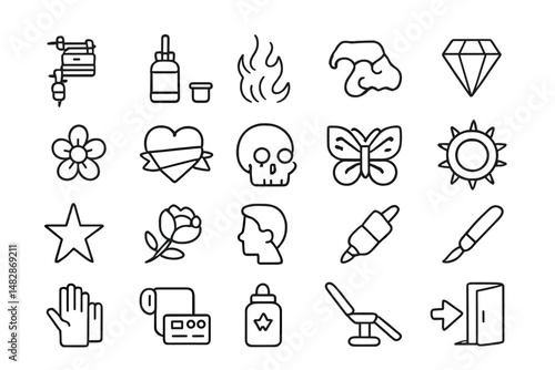 Tattoo design elements illustrated with various symbols like flowers, skulls, and tools for creative artists