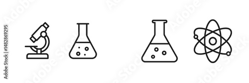 Scientific tools used in laboratory experiments with a microscope, flasks, and an atom illustration