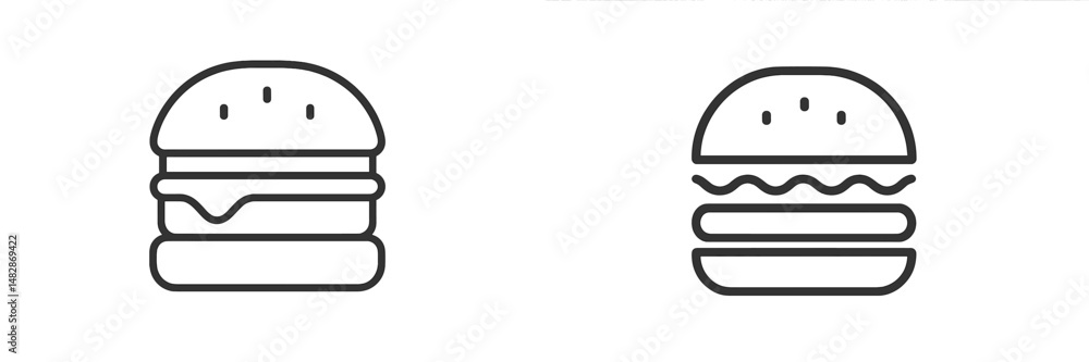 Simple line art illustrations of burgers on a plain background showcasing two distinct burger designs Simple line art illustrations of burgers on a plain background showcasing two distinct burger designs
