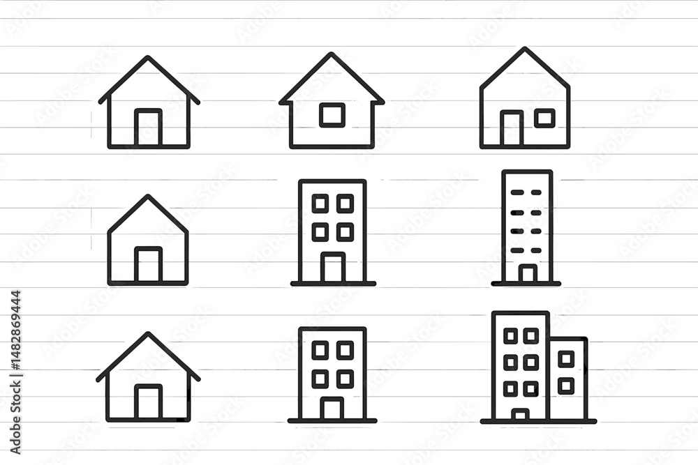Fototapeta premium Simple line drawings of various house and building designs on a grid pattern background