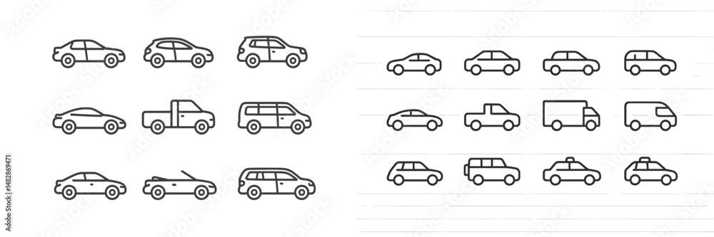 Collection of various vehicle icons drawn in simple lines, showcased in organized rows for design purposes Collection of various vehicle icons drawn in simple lines, showcased in organized rows for design purposes