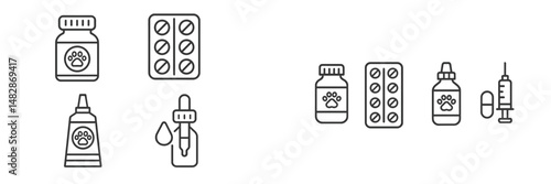 Illustration of pet medications, including bottles, pills, and syringes in a simple design