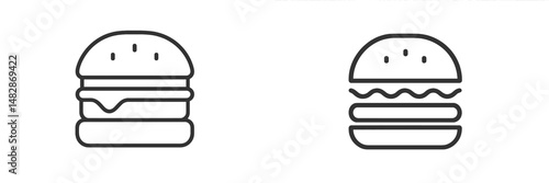 Simple line art illustrations of burgers on a plain background showcasing two distinct burger designs