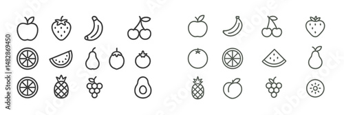 Collection of hand-drawn fruit icons including apples, bananas, and watermelons arranged in a grid on a plain background