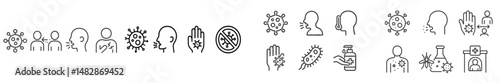 Illustrations depicting health guidelines for preventing the spread of germs in a healthcare setting